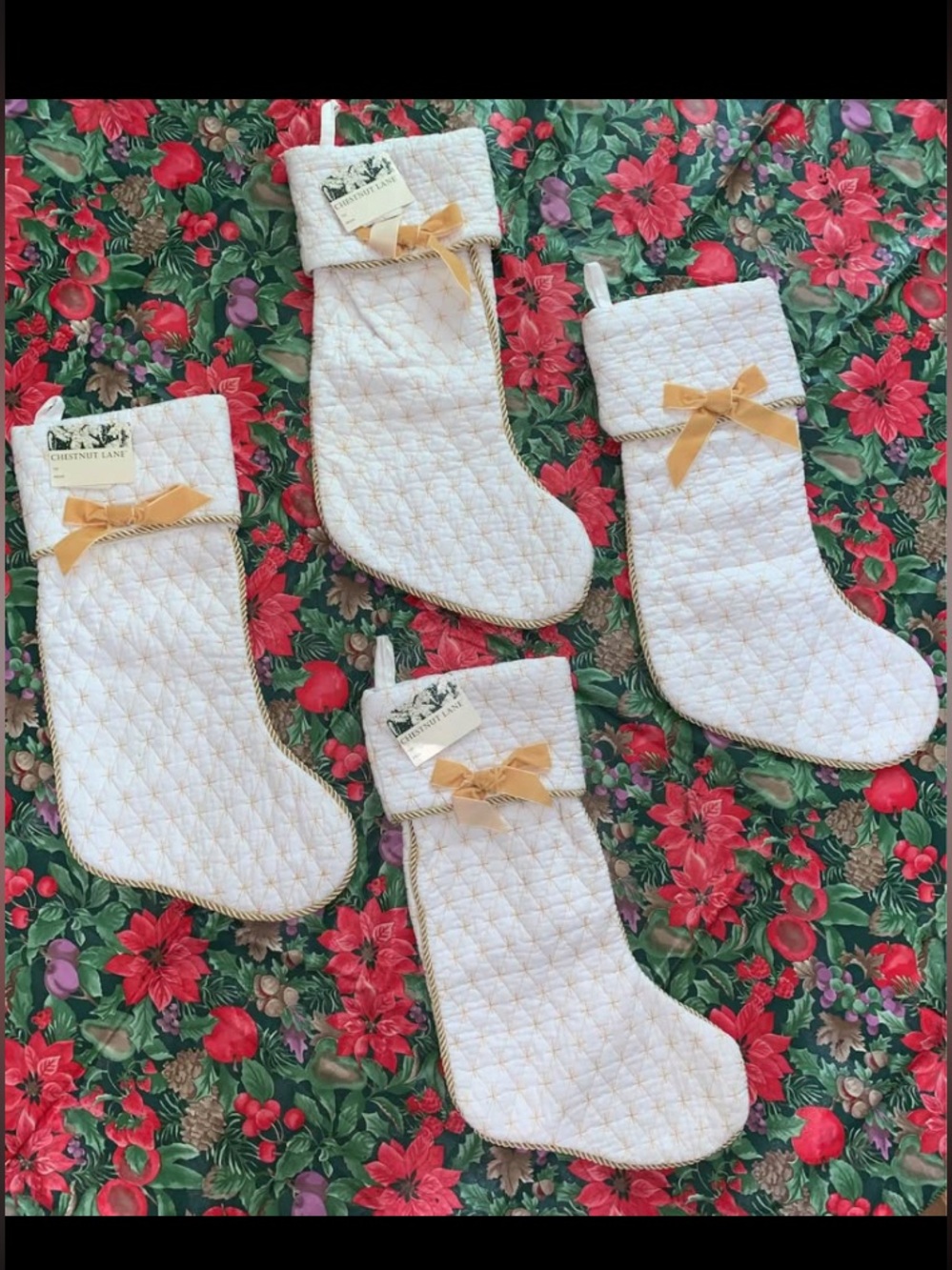 NWT 4 Quilted Christmas Stockings with Gold Trim and Bows